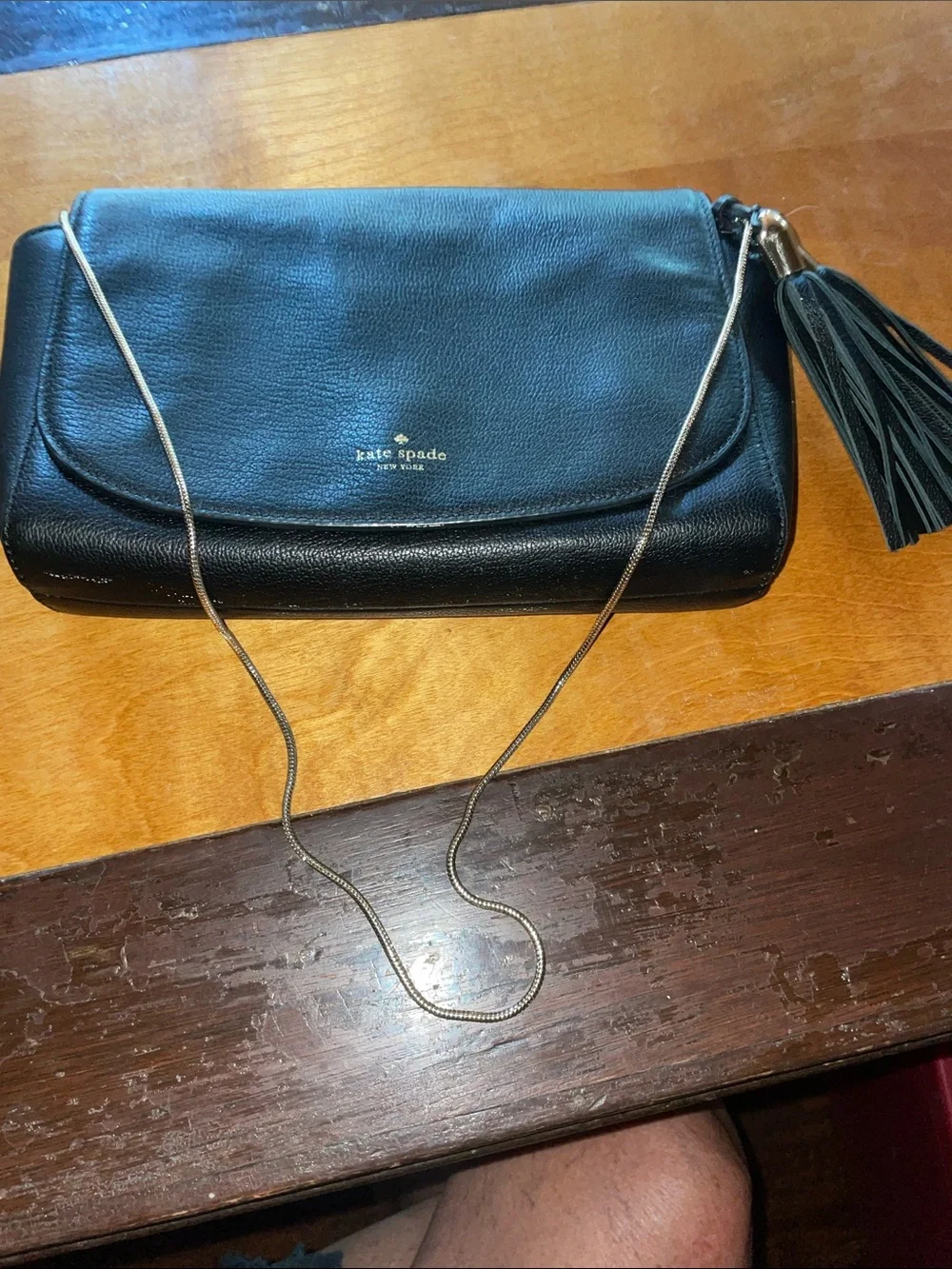 KATE SPADE Black Leather Crossbody with Gold embellished Tassels and Chain Strap